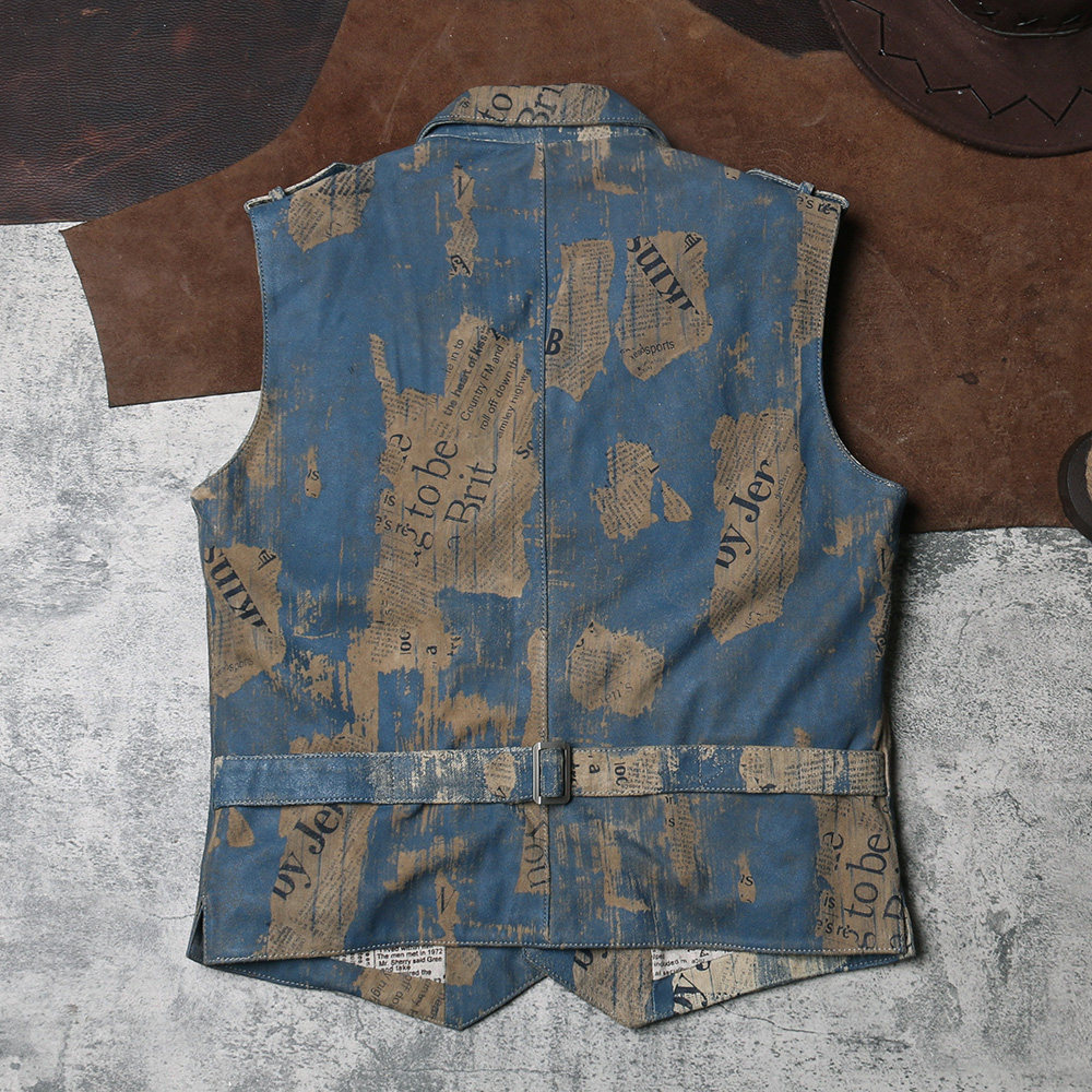 报纸印花真皮马甲复古做旧工装皮衣背心男士背心
