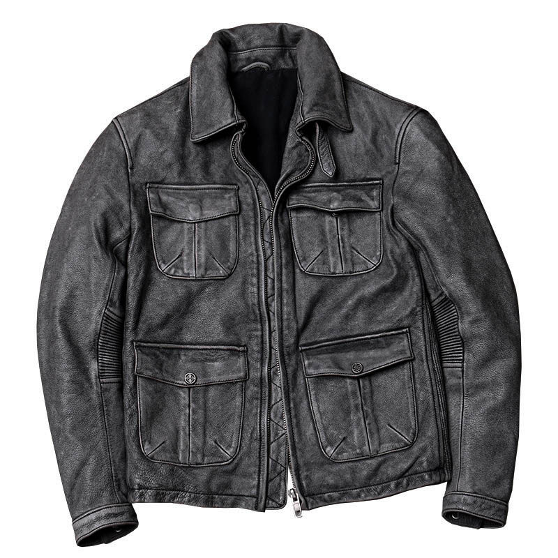 m65头层牛皮翻领短款多口袋机车外套 真皮皮衣男士做旧猎装皮夹克