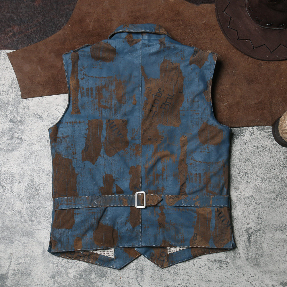 报纸印花真皮马甲复古做旧工装皮衣背心男士背心