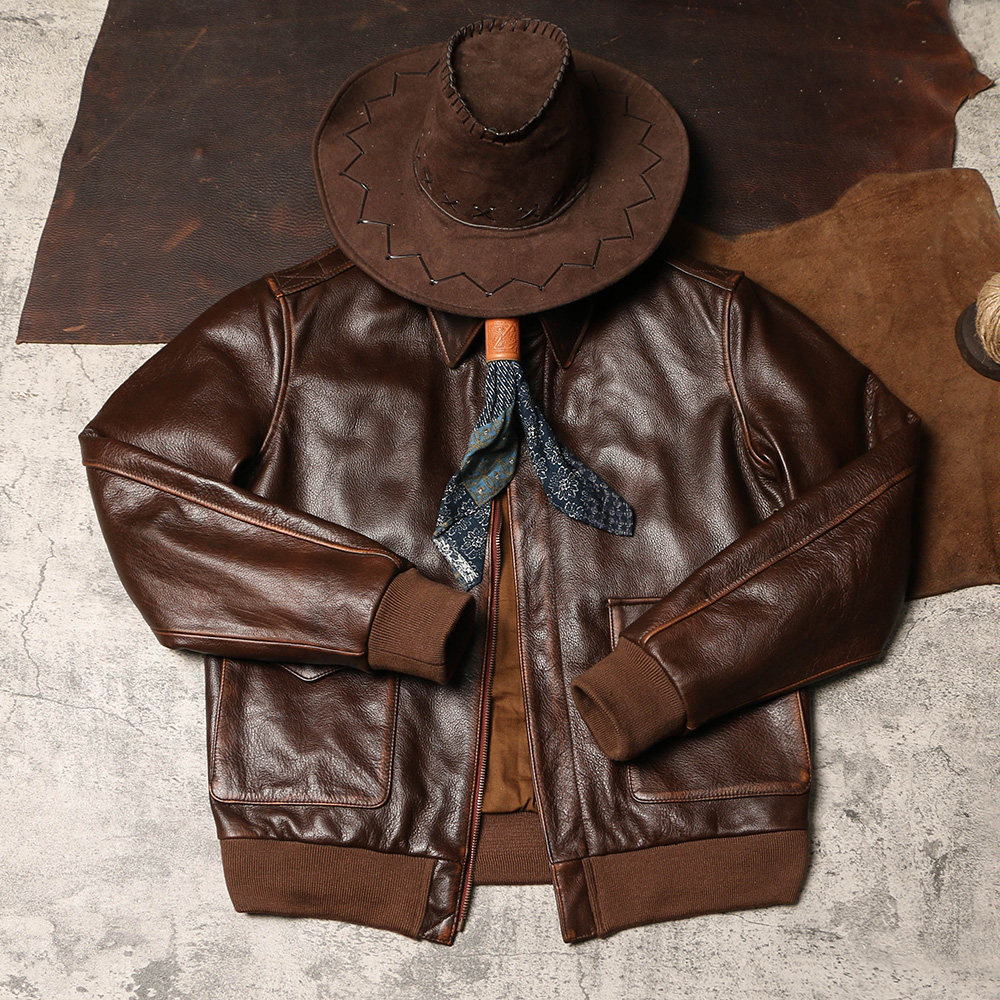 复古擦色a2空军皮夹克男士真皮飞行员皮衣翻领皮衣