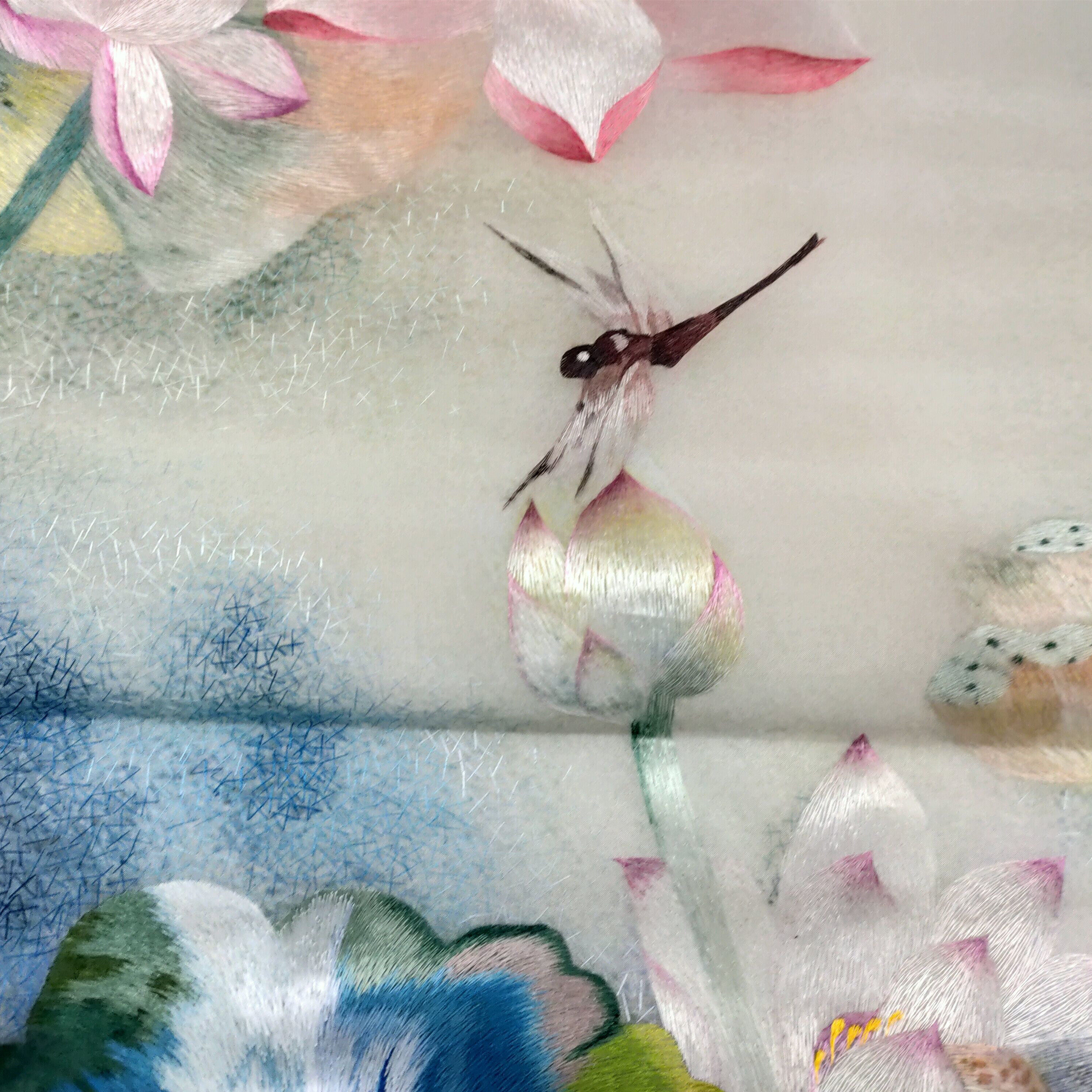 潮绣手工刺绣工艺品荷花精品单面莲花客厅玄关刺绣