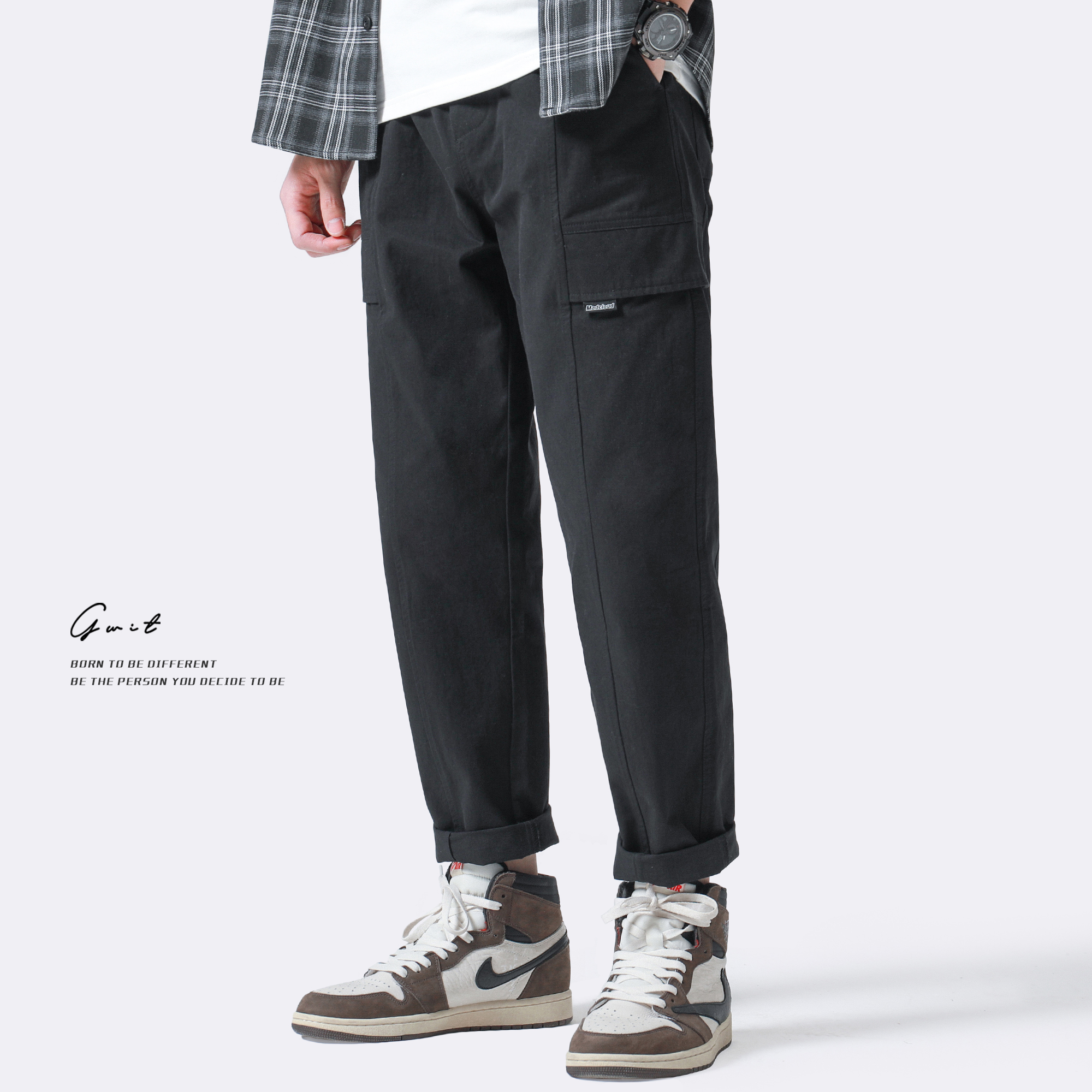 GWIT 轻酵水洗棉 春秋新款日系宽松直筒百搭小脚长裤工装休闲裤男