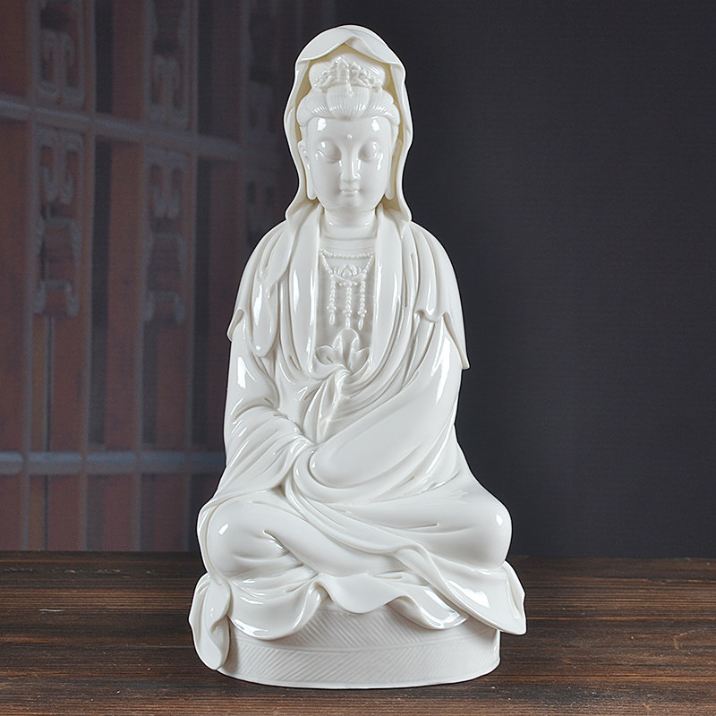 德化陶瓷佛像观音坐古白瓷自在观世音菩萨家居客厅摆件
