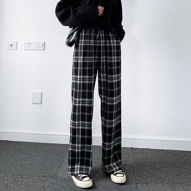 韩国秋冬季新款黑白格子阔腿裤女宽松直筒显瘦休闲高腰加绒长裤子