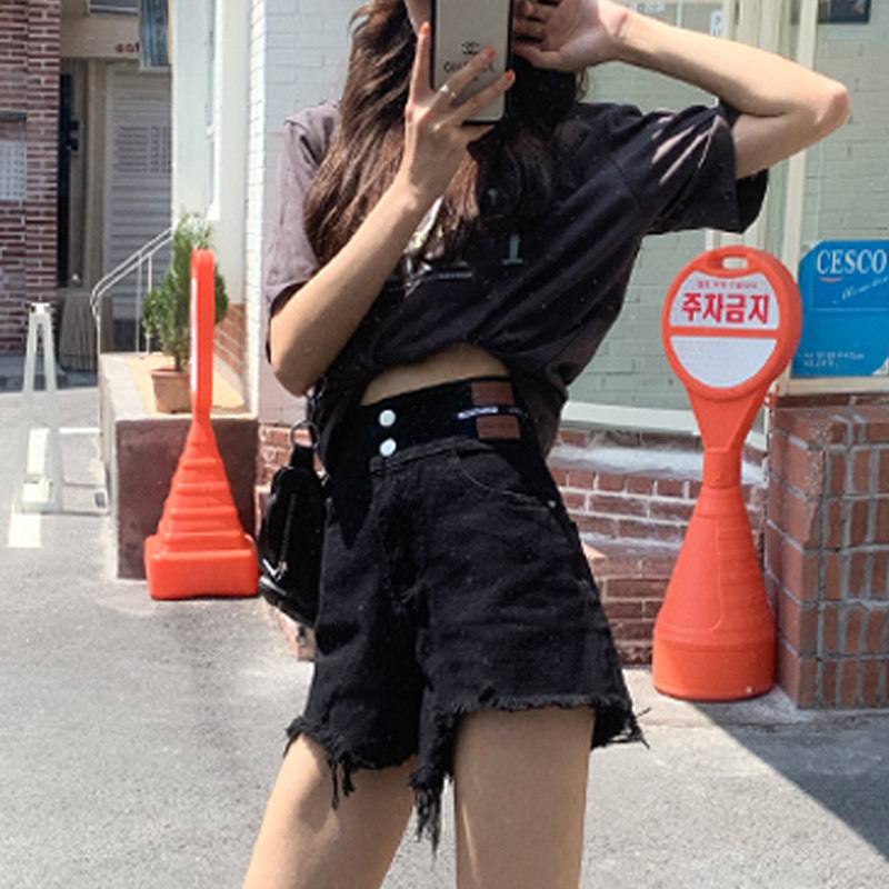 黑色牛仔短裤女夏辣妹穿搭妹妹mm大码高腰牛仔裤