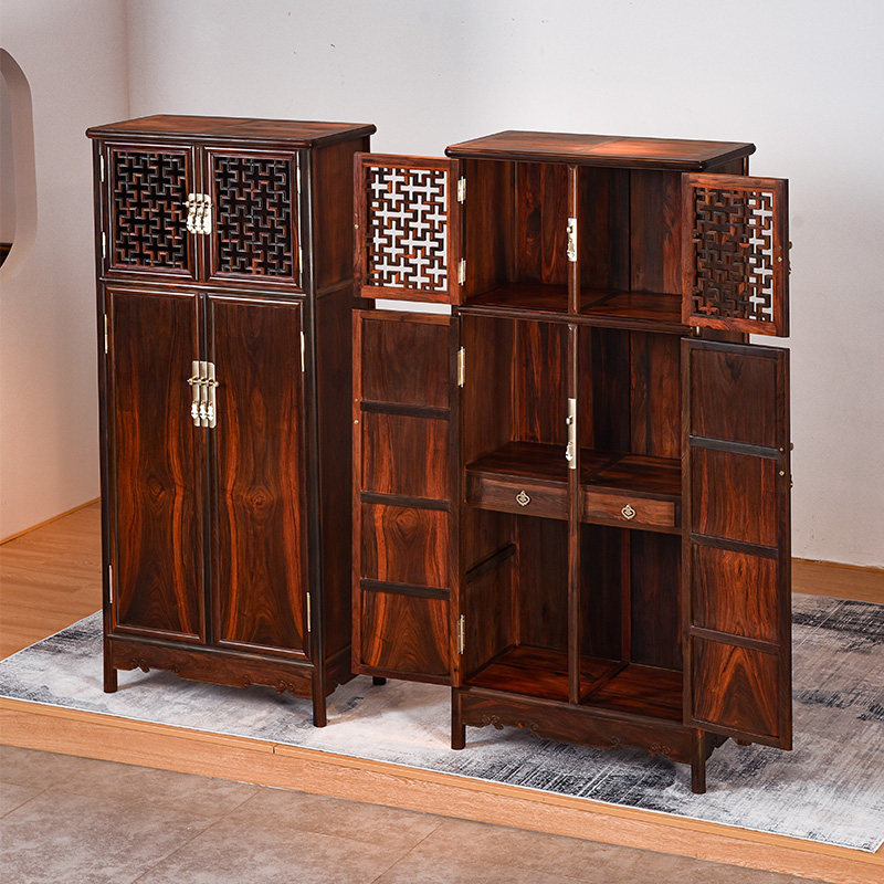 品尊轩明式镂圆角一对老挝大红酸枝交趾黄檀衣柜