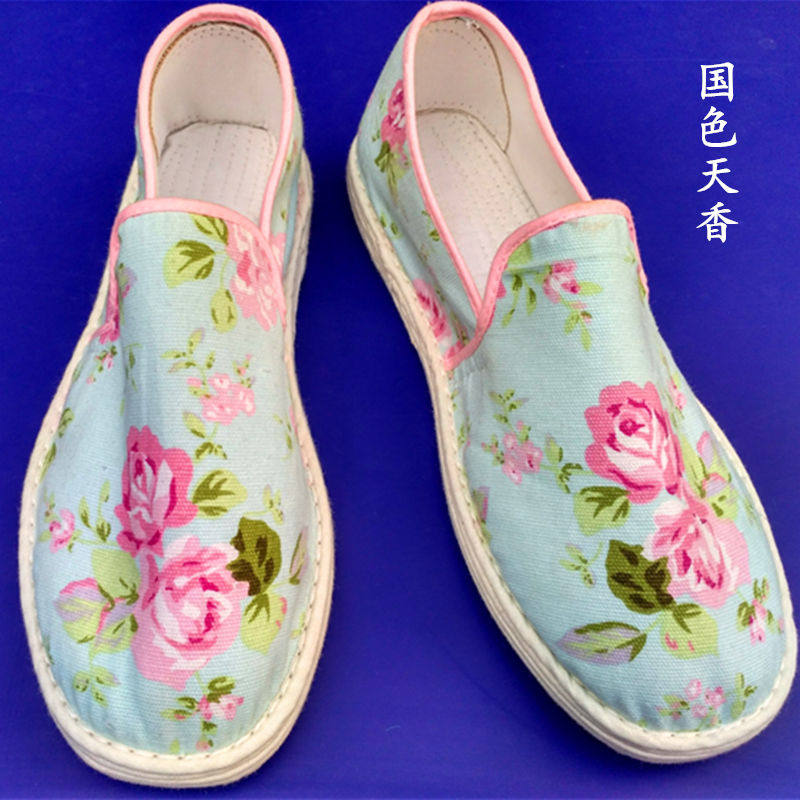 纯手工千层底布鞋女民族风平底花布鞋低帮一脚蹬透气布shoe快手款