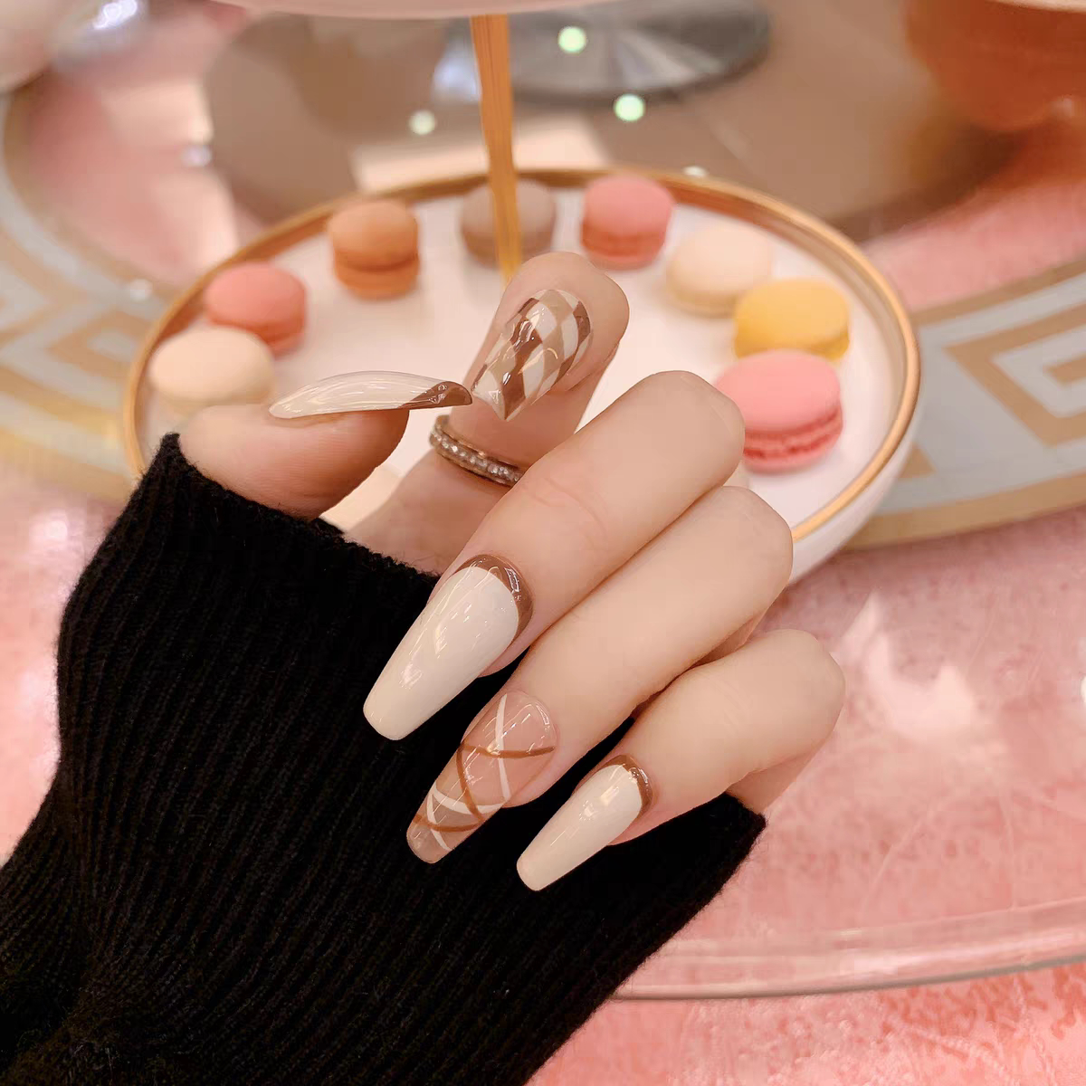 穿戴高级英伦风跳色棋盘格菱格温柔少女辣妹美甲美甲工具