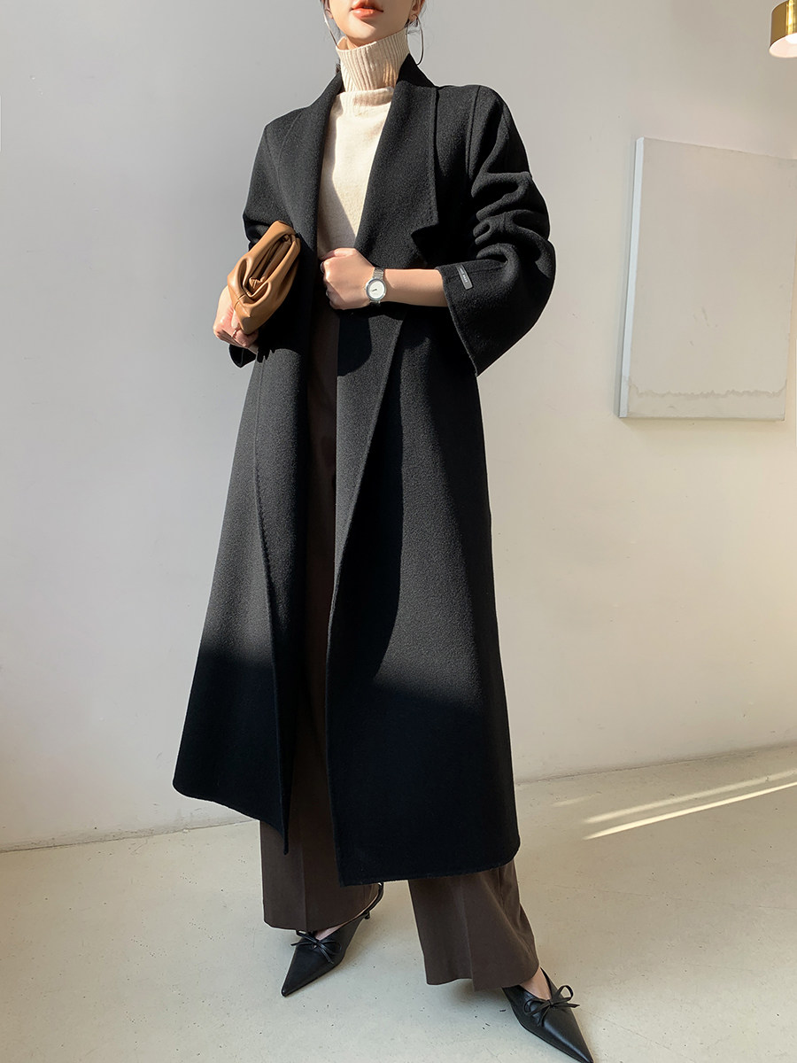 maggiehan秋冬黑色双面羊绒大衣气质长款宽松毛呢外套