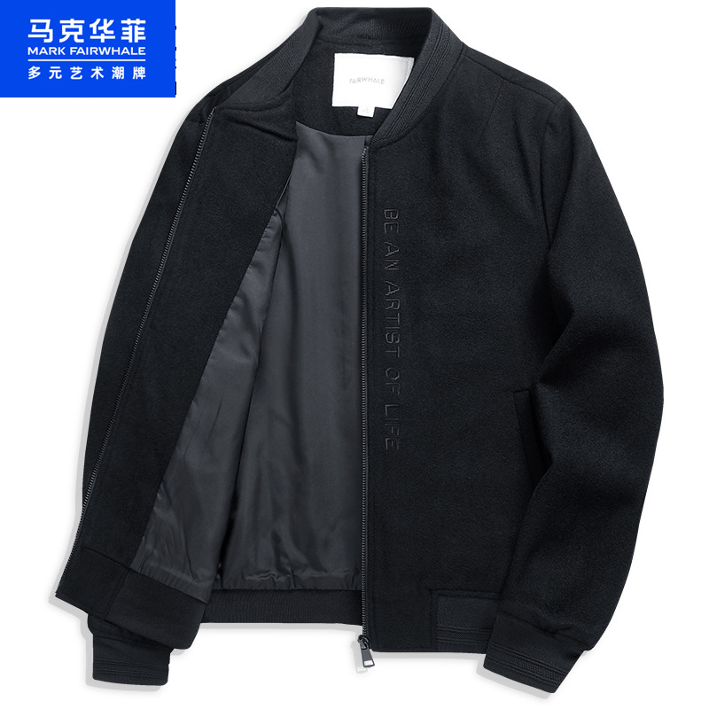 【小码男装】马克华菲羊毛夹克男士棒球领春秋款黑色毛呢外套保暖