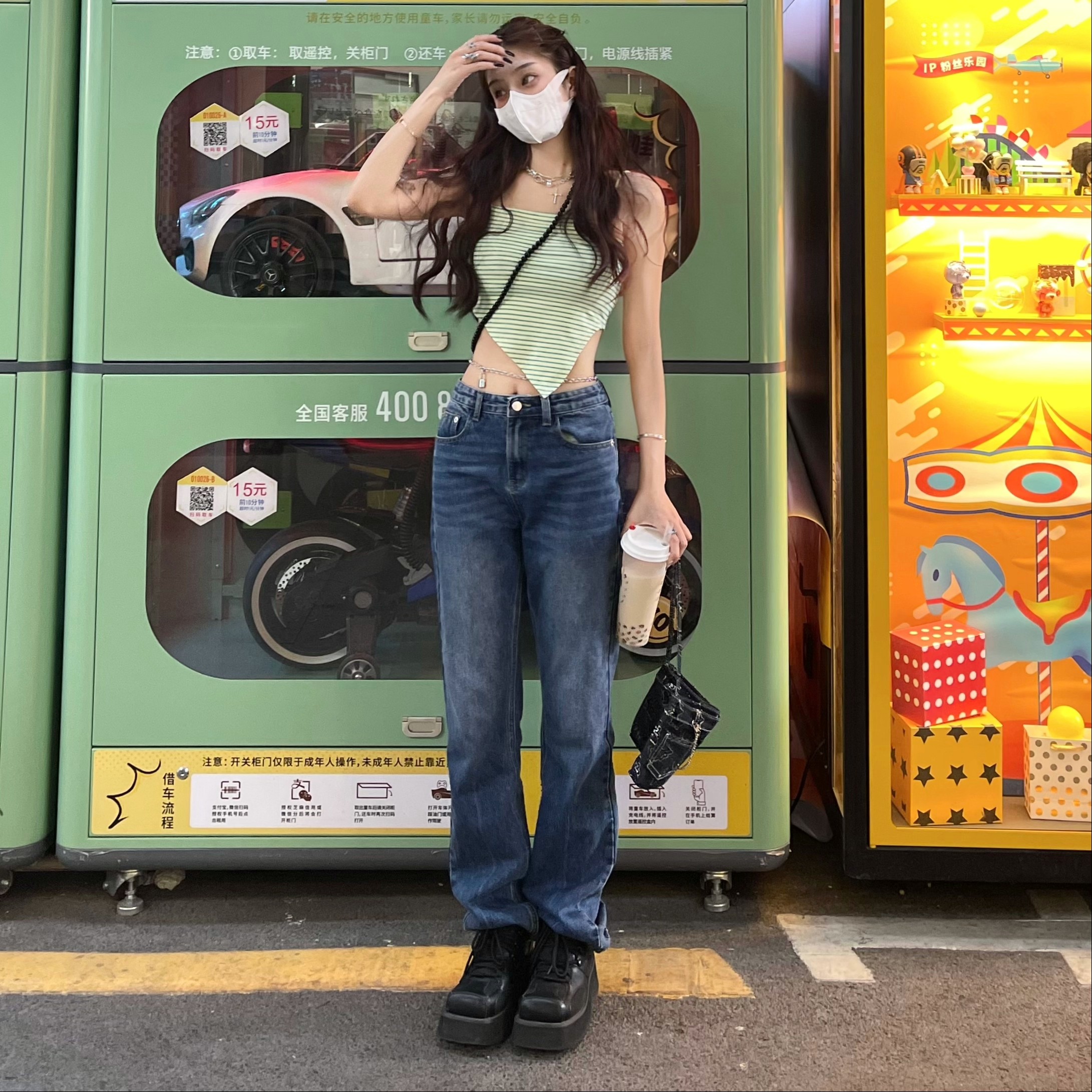 细腿直腿top1ffcheer高腰蓝色牛仔裤女显瘦直筒笔直铅笔裤子牛仔裤