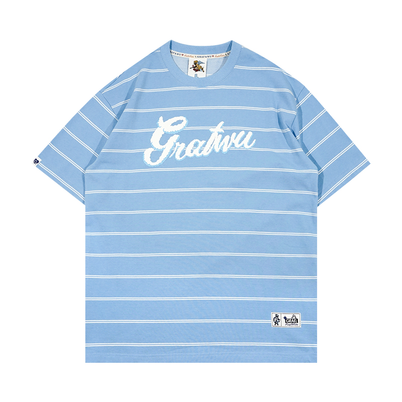 GRAF原创品牌美式字母蓝天白云蓝白条纹圆领宽松厚实休闲T恤短袖