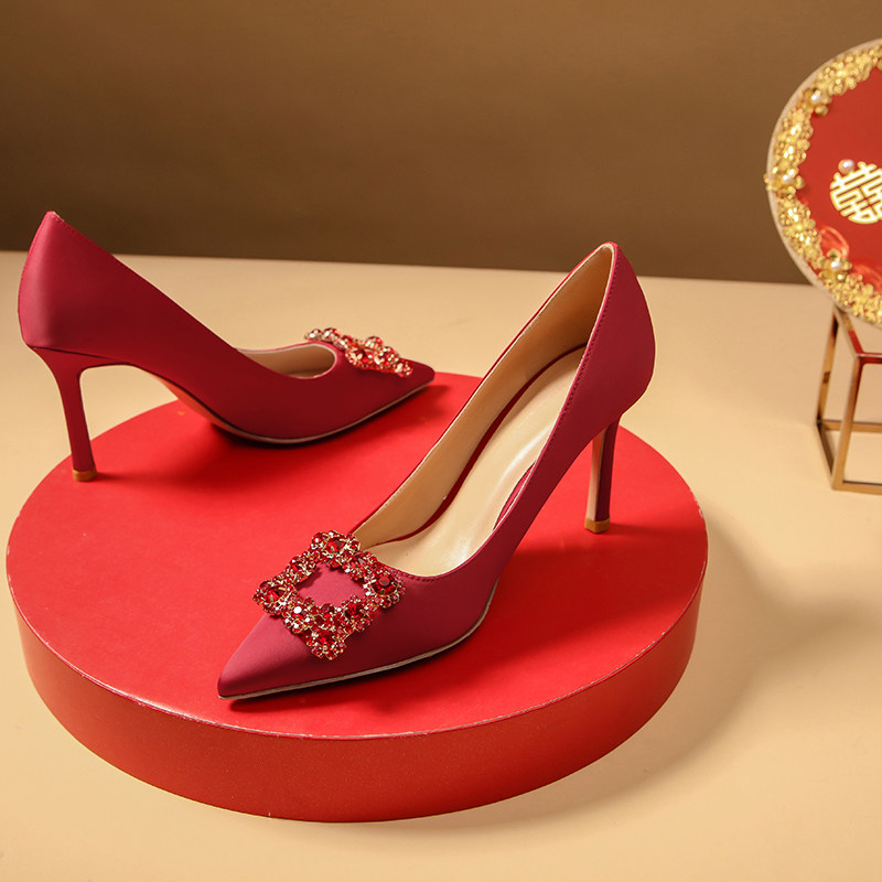 秀禾红色婚鞋新娘鞋女2020春秋新款尖头细高跟单鞋敬酒中式结婚鞋