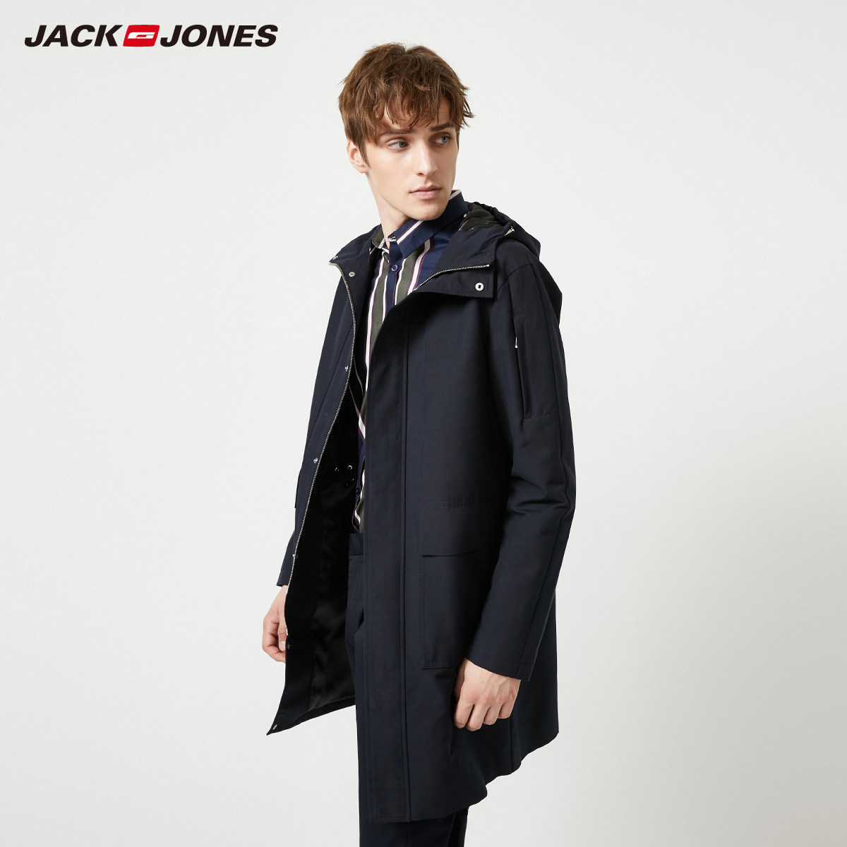 3件9折jackjones杰克琼斯中长连帽派克风衣外套220121501风衣
