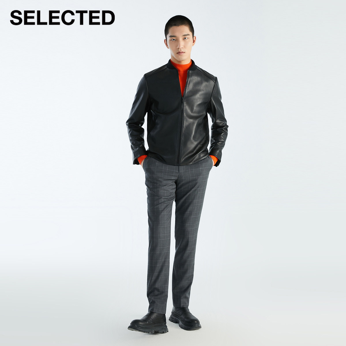 5件8折selected思莱德秋冬新羊皮革棒球领机机车皮衣