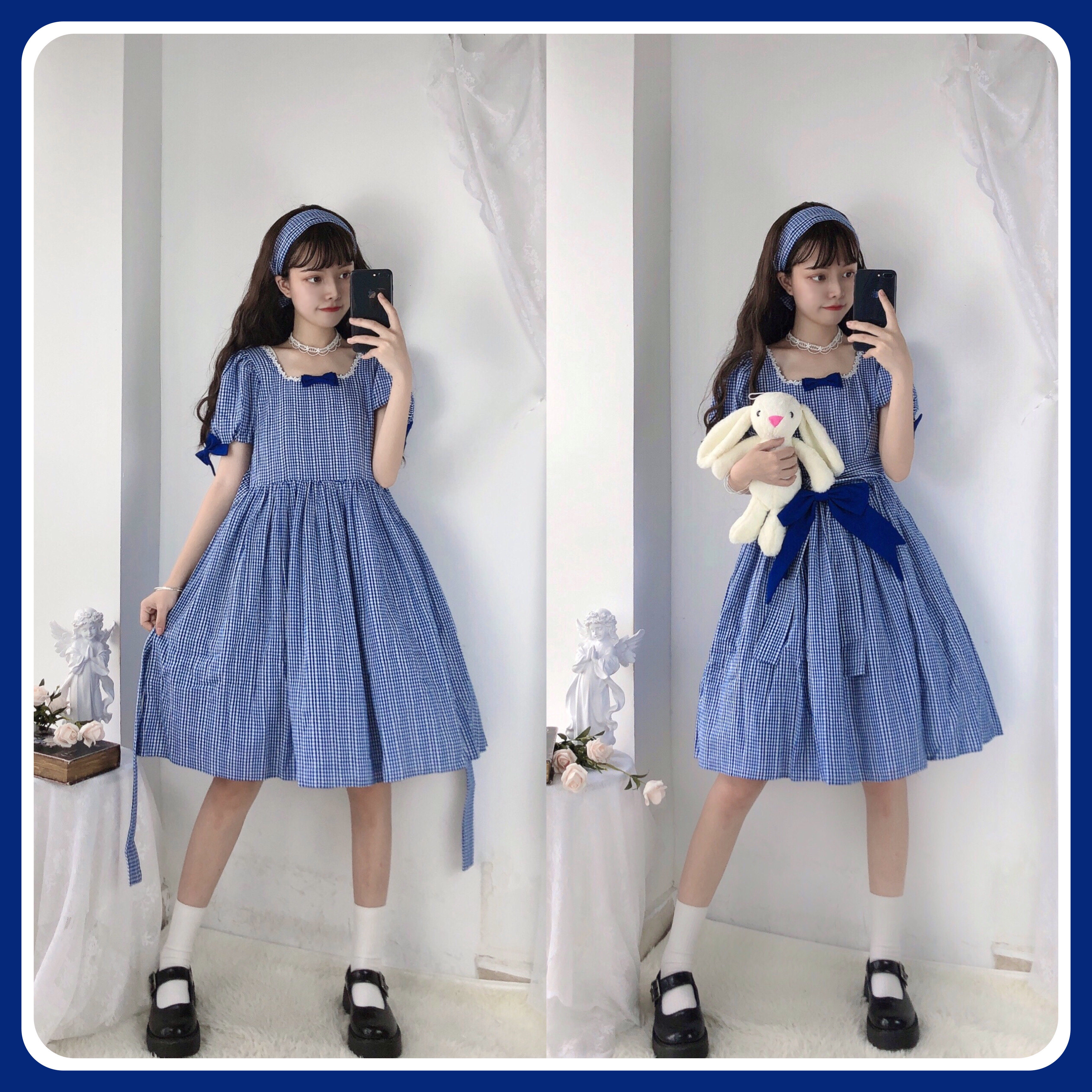 原创现货sweetcandy蓝格法式茶歇蕾丝方领泡泡格子lolita洛丽塔