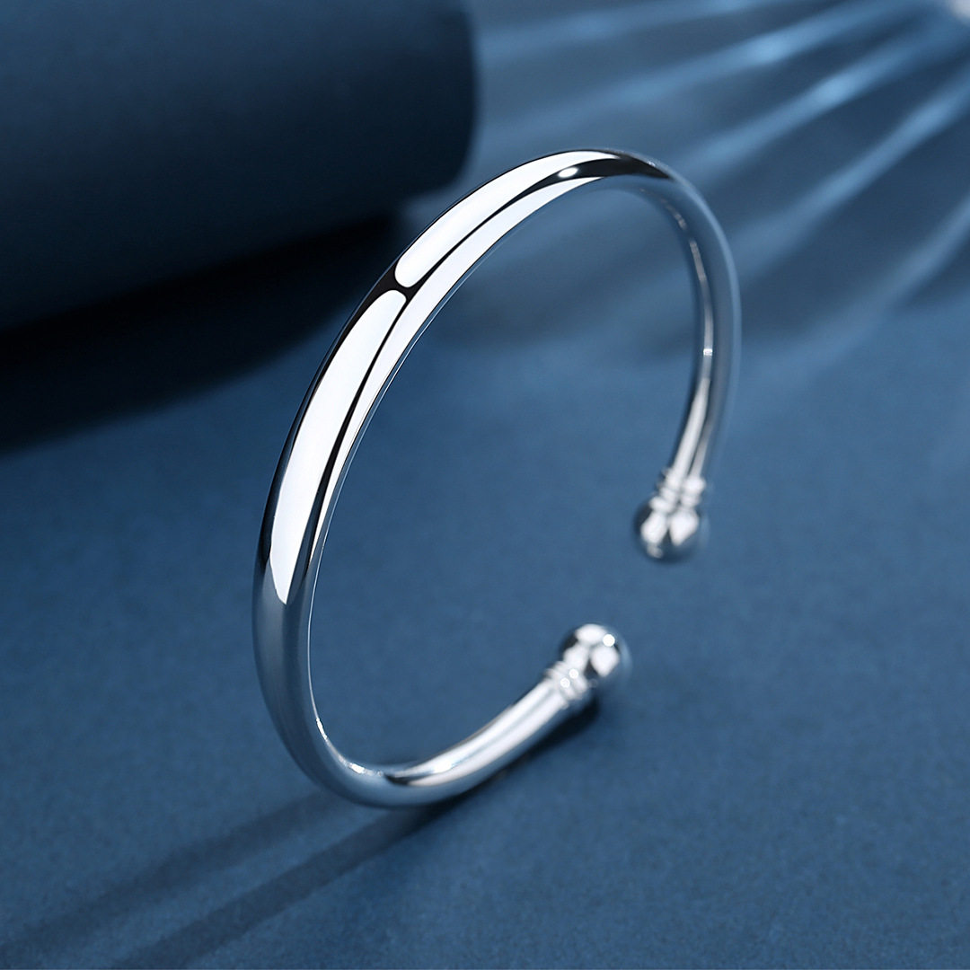 s999纯银手镯光面极简珠足镯子时尚年轻款送手镯