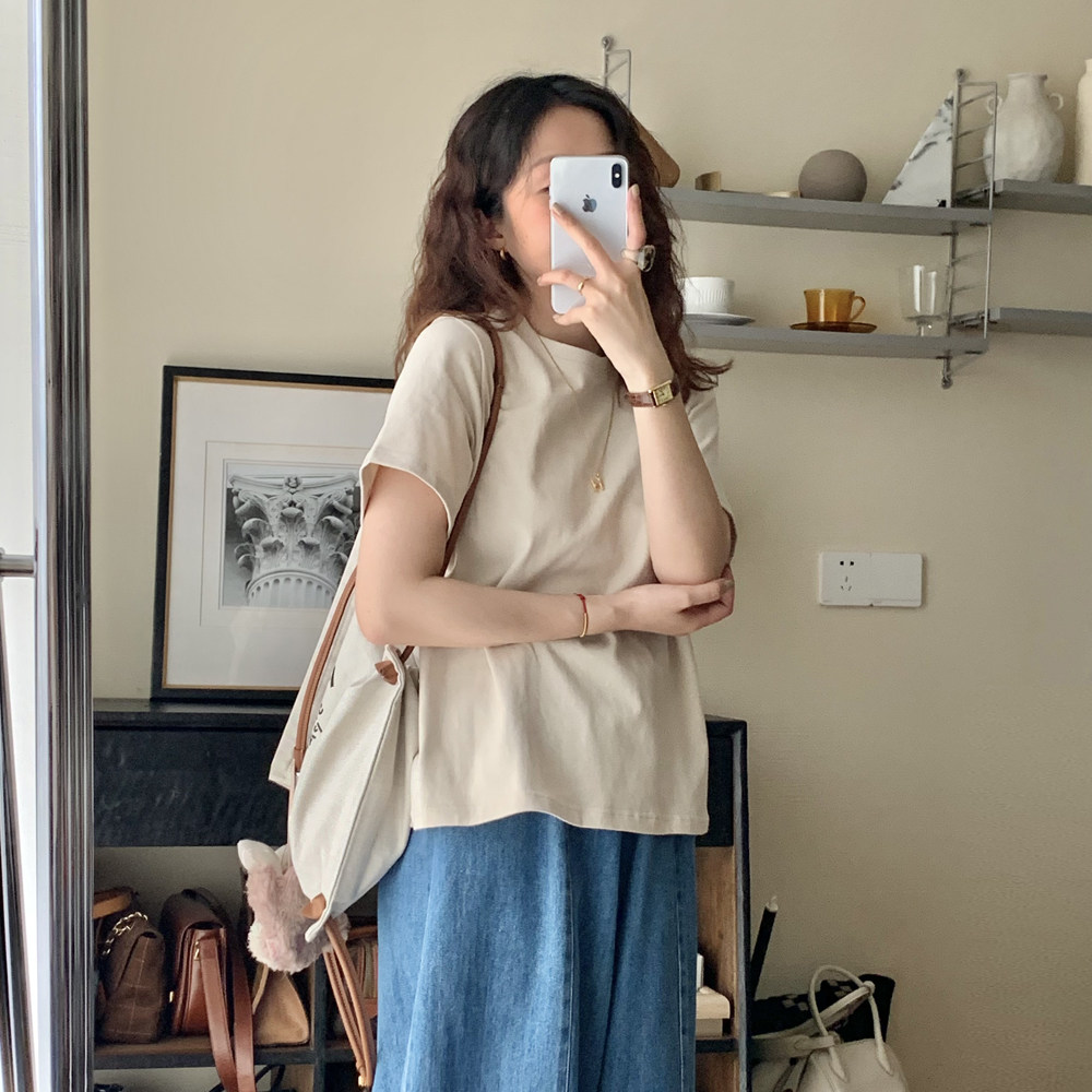 播言杏色短袖恤女宽松圆领叠穿春季新款纯棉t恤