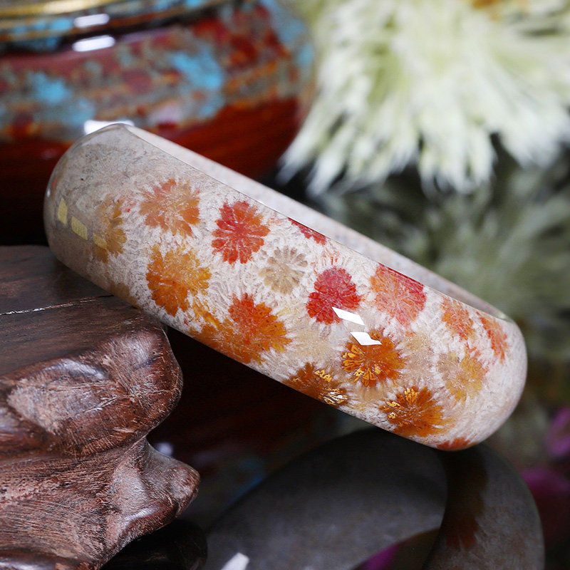 七宝尚品冰种珊瑚玉手手镯天然菊花石玉宽手环饰品手镯