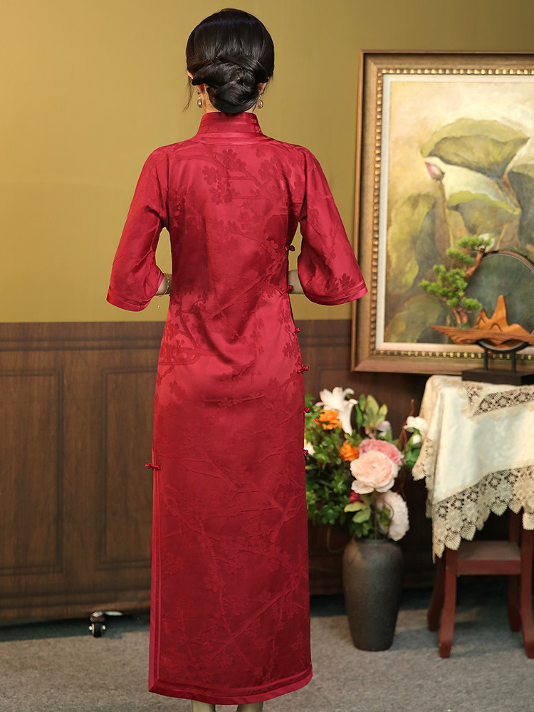 落雪姆米六分旗袍花香提花片式一片平裁京派旗袍