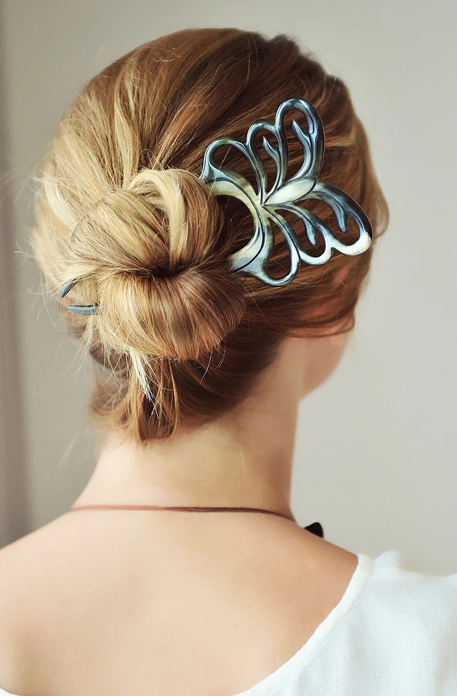 美国直邮marycrafts水牛牛角手工蝴蝶盘发发簪15cm发饰