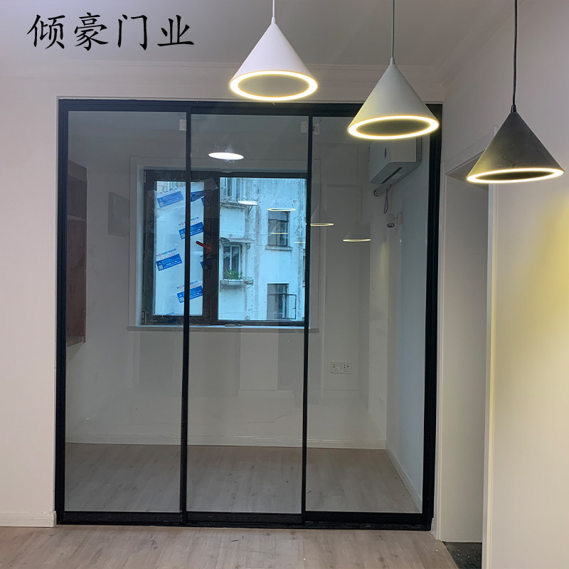 移门上海钛合金黑极窄框厨房玻璃阳台推拉门吊轨厨房门