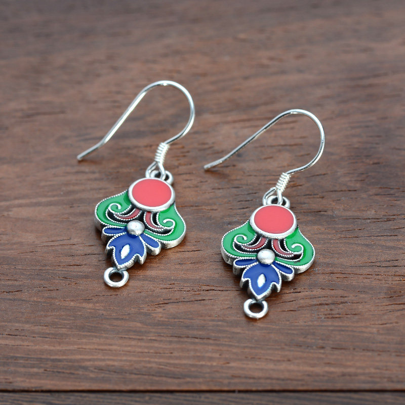 泰光银楼珐琅纯银耳环民族风多彩花纹银饰品耳环