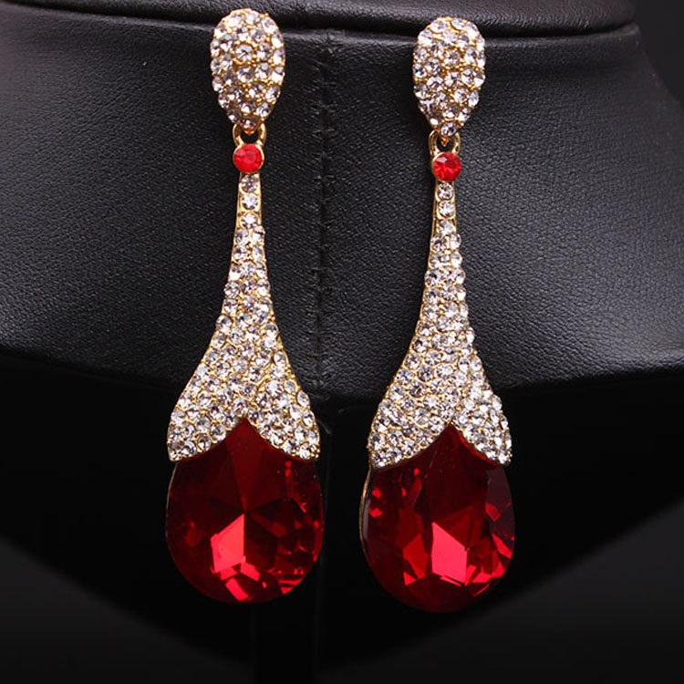 欧美奢华红宝石水滴耳坠满钻夸张长款耳环时尚耳环