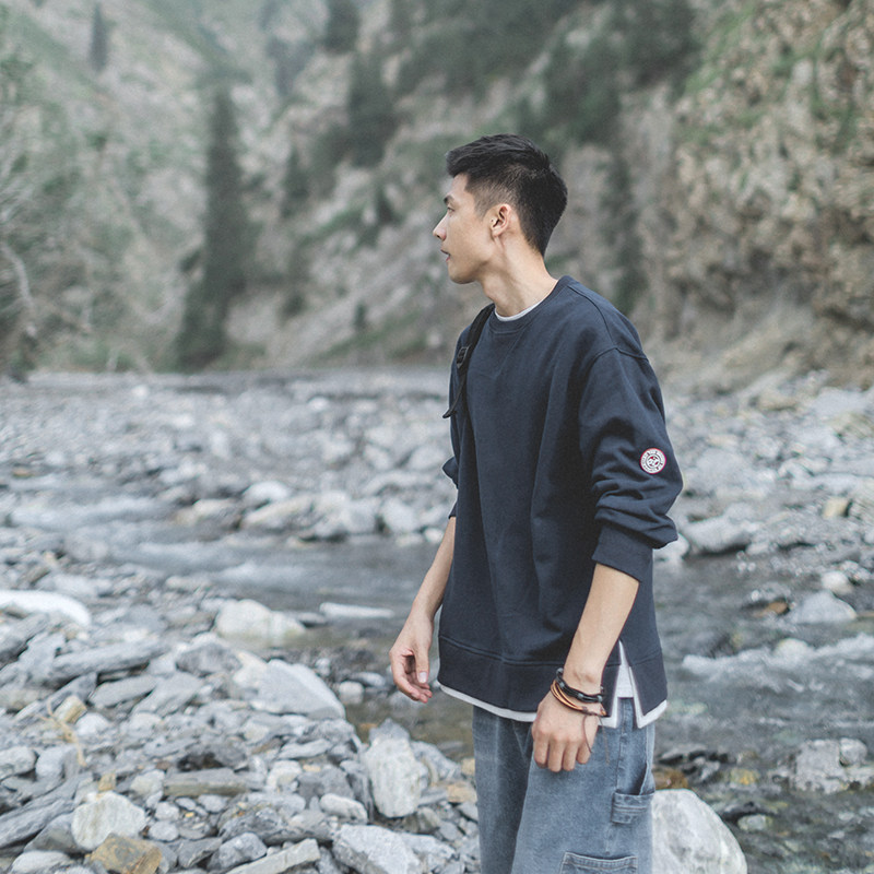 吕小虎春季原创美式复古套头卫衣男圆领日系休闲潮牌纯色宽松上衣