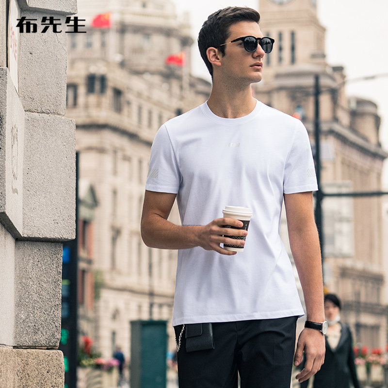 布先生圆领T恤衫男 春夏新品基础色休闲印花日常短袖AT11256