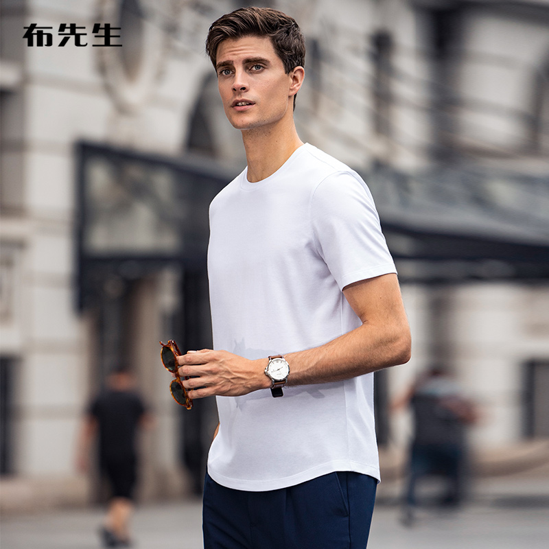 布先生显瘦弧形下摆纯色t恤男柔软纯棉短袖休闲男士纯白T恤AT681