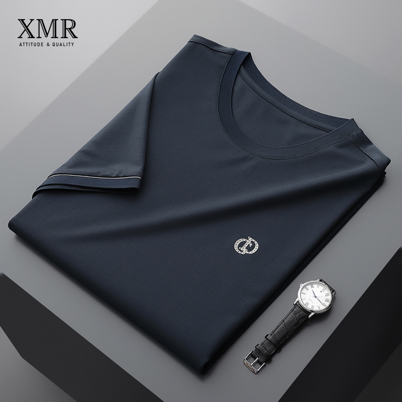 简约纯色圆领短袖T恤男夏季薄款字母烫钻打底衫半袖体恤休闲男装