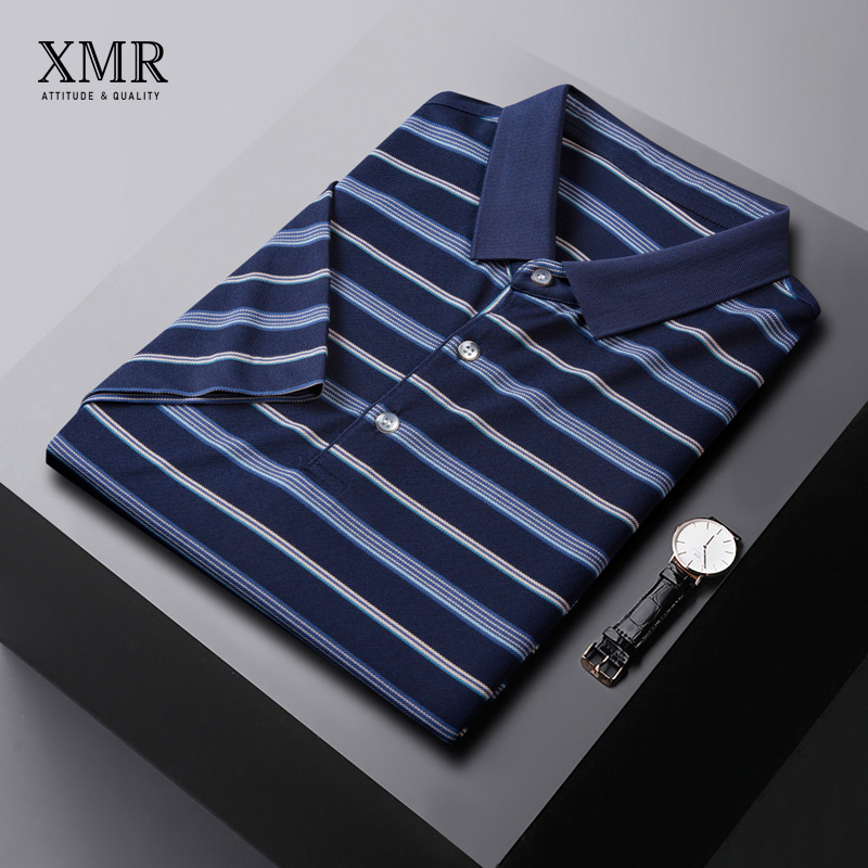 经典条纹Polo衫男夏季短袖t恤2022新款男装上衣高端桑蚕丝衣服