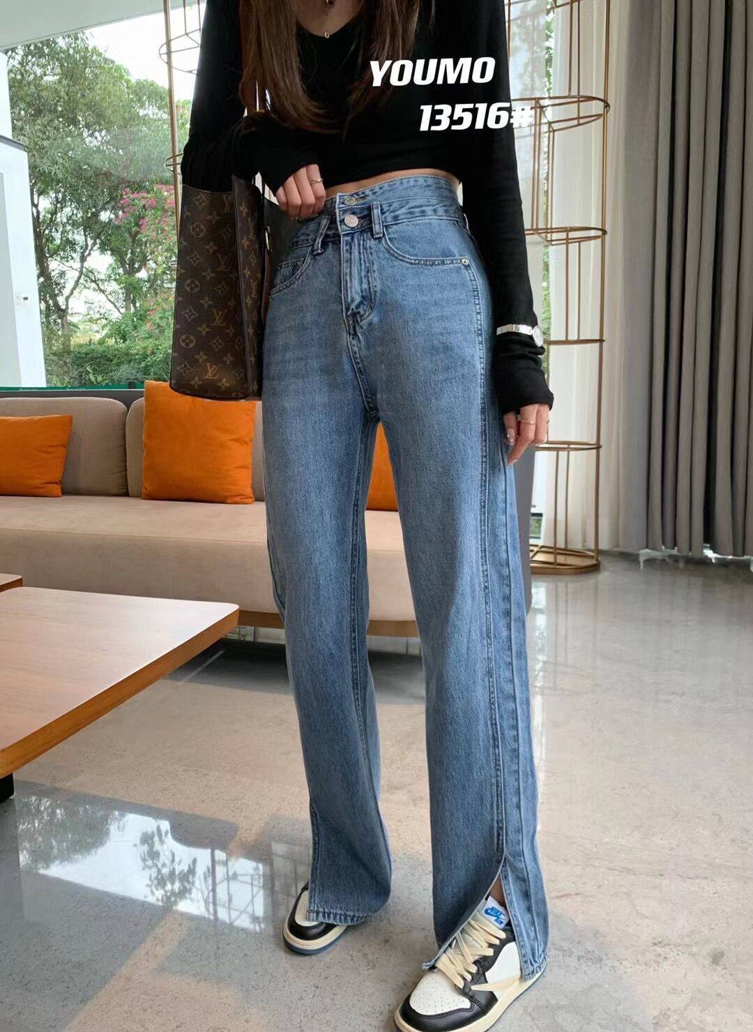 youmo有陌13516春季韩版复古高腰双扣侧边开叉牛仔裤