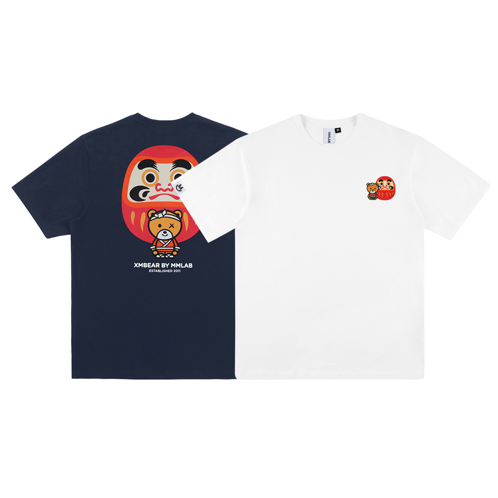 MMLABCREW XMBEAR系列和风达摩印花白色藏青深蓝纯棉圆领短袖T恤