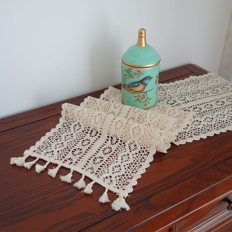 美式乡村手工钩针桌旗棉线镂空编织桌旗