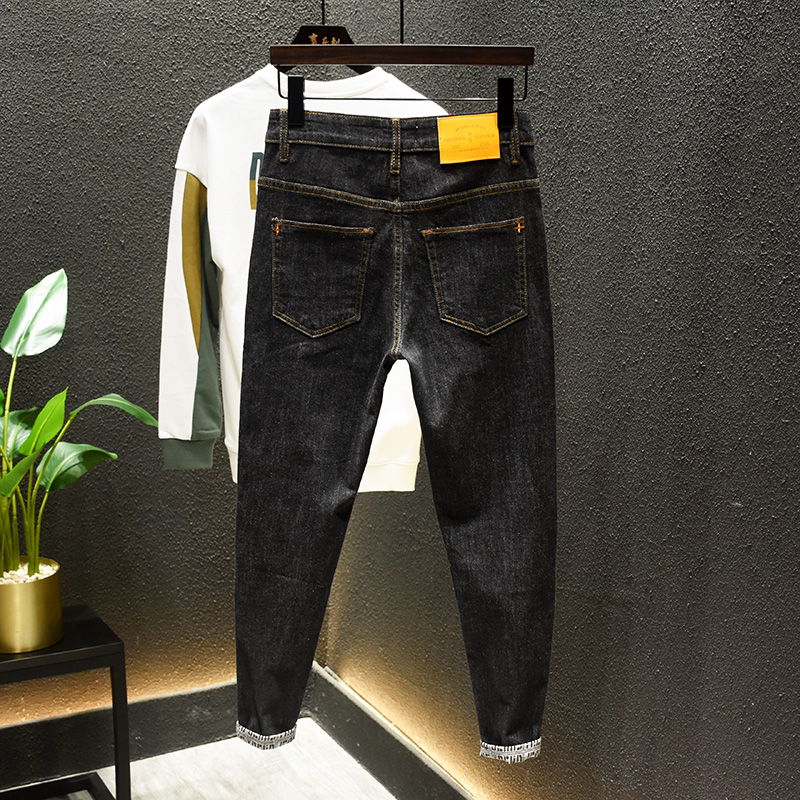 潮牌牛仔裤男2022年新款夏季黑色丹宁轻奢高端休闲百搭修身小脚裤