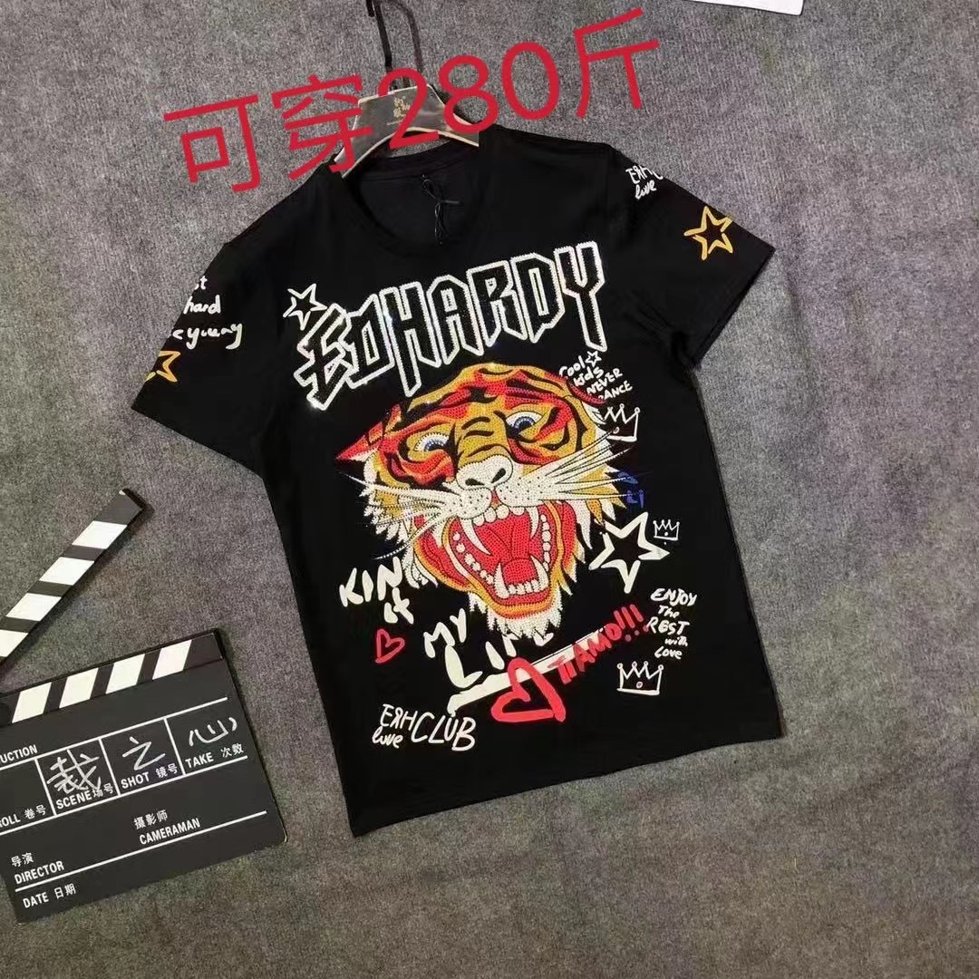 2022春季新品本命年红色潮牌印花烫钻老虎头男女修身大码同款T恤