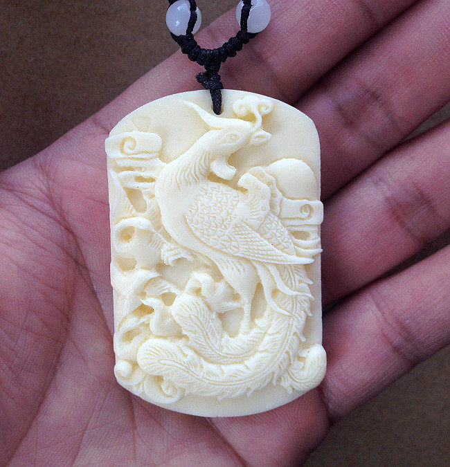 正品保真象牙白牛骨雕刻凤凰牌子挂件饰品吊坠项链