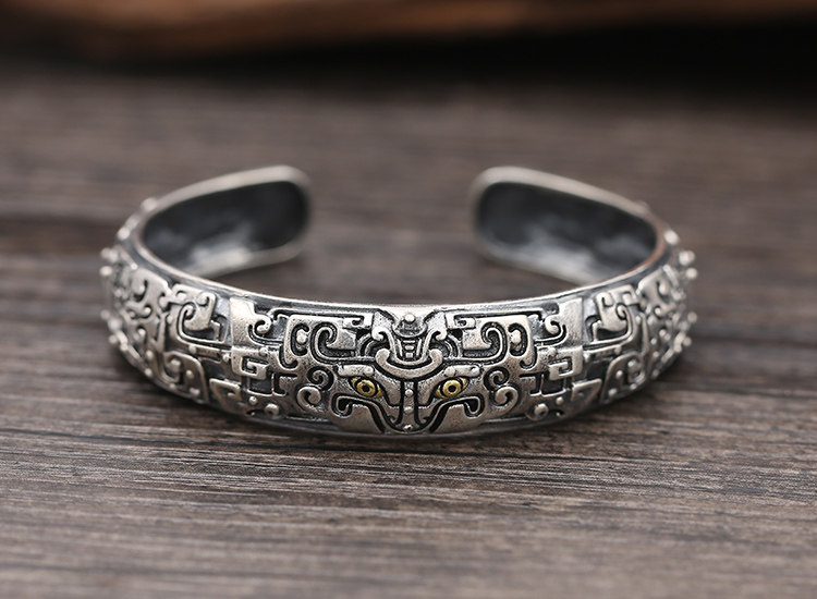富贵鹿上古神兽饕餮男士霸气开口手镯泰银复古手镯