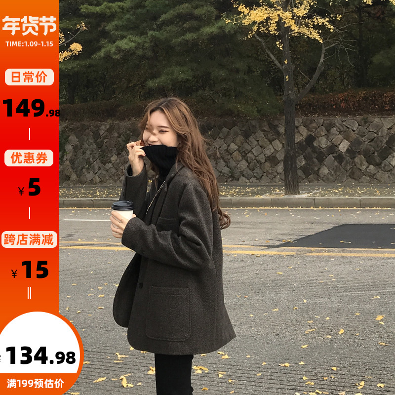 最小的海 网红chic西装外套女小个子秋冬复古翻领人字纹西服上衣