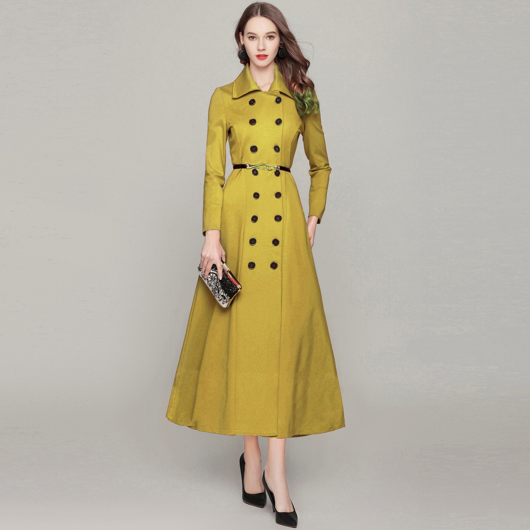 风衣本命年红色双排修身显瘦超长大摆裙式女外套风衣