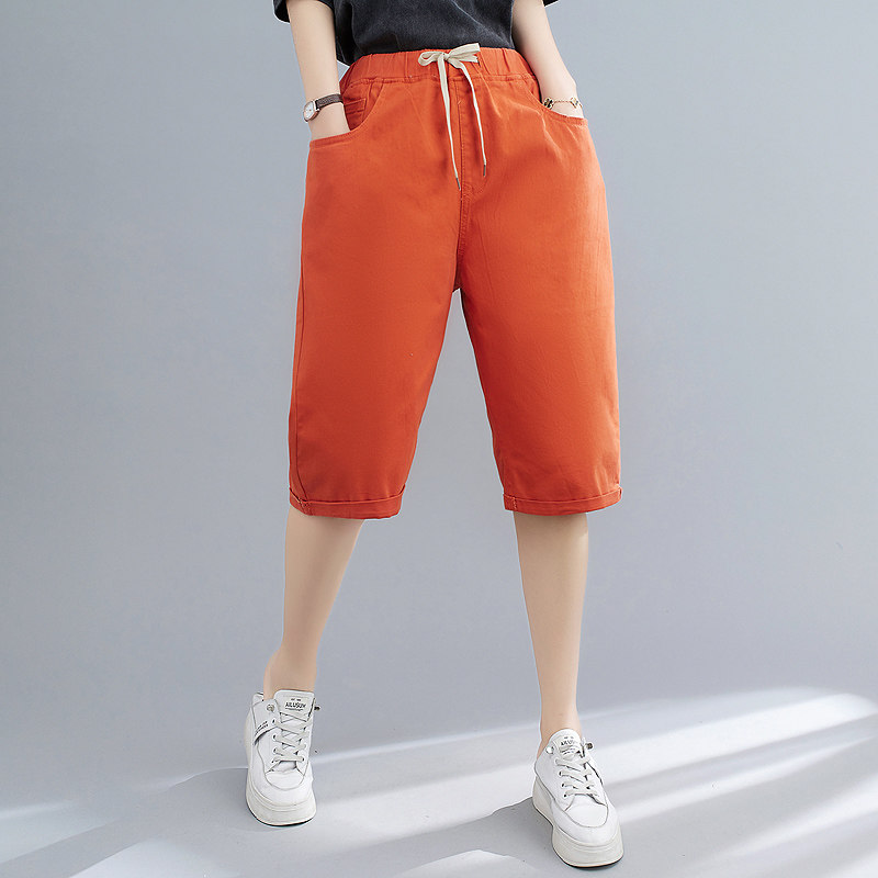 300斤加大码胖妹妹夏季弹力棉布直筒五分裤女200斤纯色休闲中裤潮