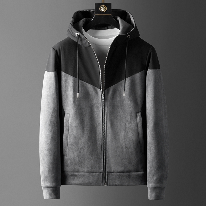 轻奢高端舒适麂皮绒夹克外套男撞色拼接白鸭绒冬季男士连帽羽绒服