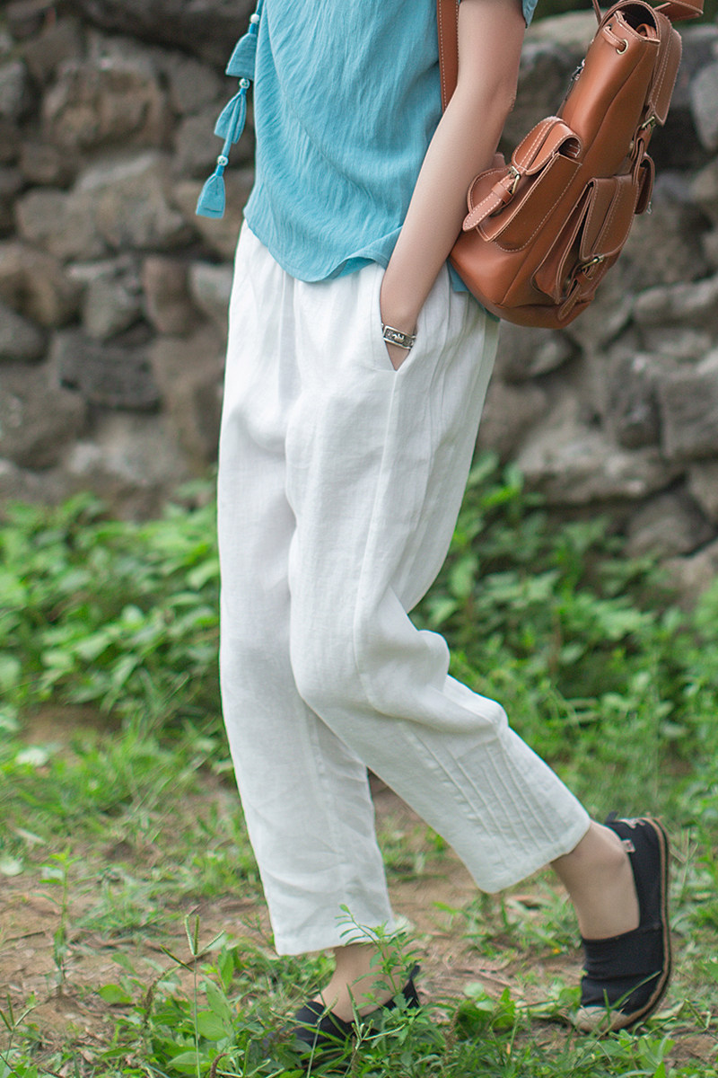 远镇亚麻裤女裤九分裤棉麻2020年夏季直筒裤黑白色简约百搭休闲裤