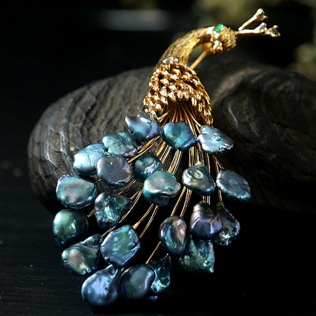 设计师雀之孔雀天然异形珍珠纯银高端胸针别针胸饰