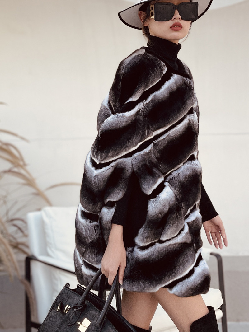 befursding级黑丝绒栗鼠斜排大斗无袖女士中长皮草