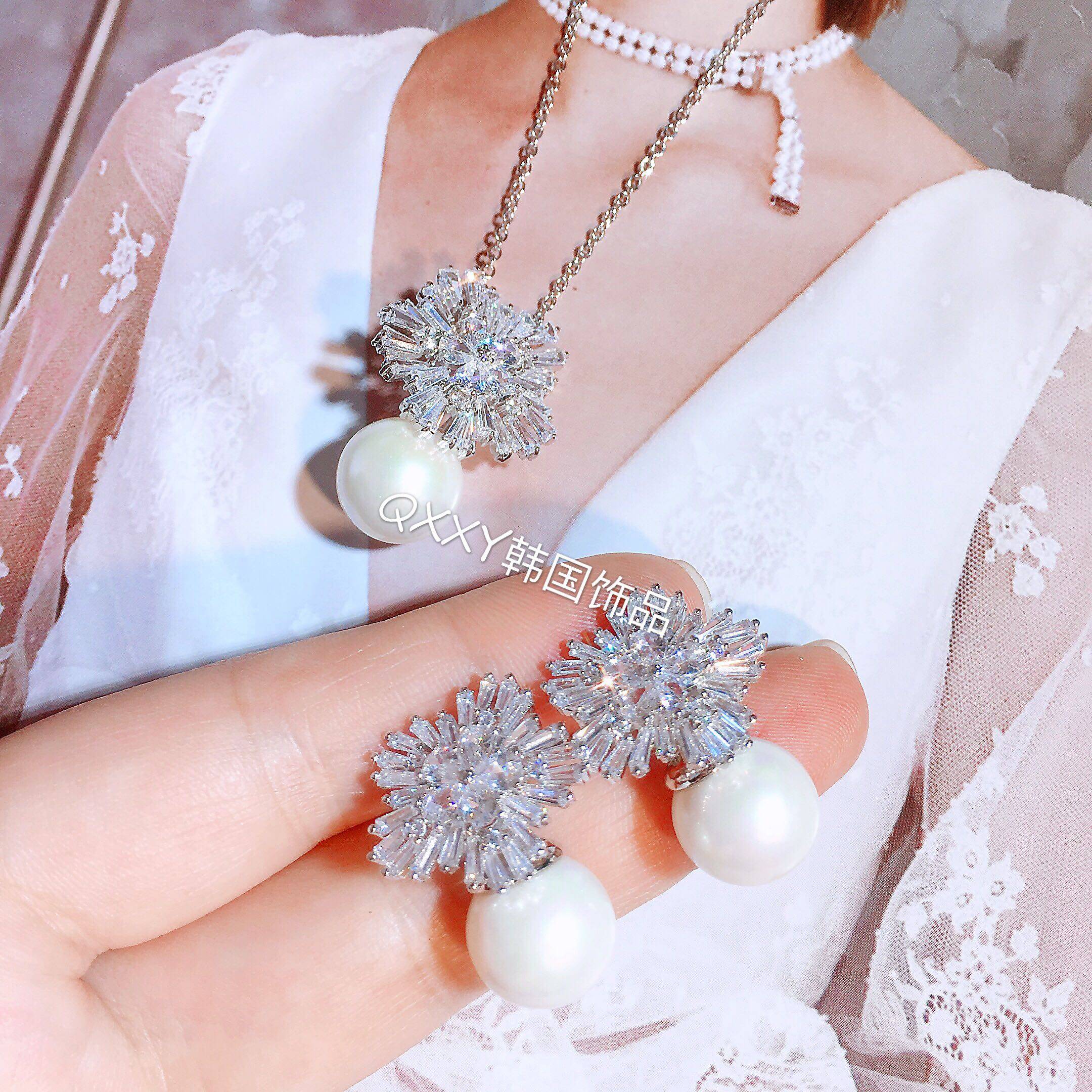 韩国珠宝雪花水晶耳钉纯银珍珠耳环气质宴会耳环