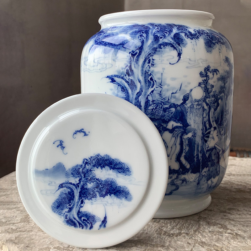 景德镇九段手绘青花青花瓷瓷器九段妙手福禄寿盖罐茶叶罐茶叶罐