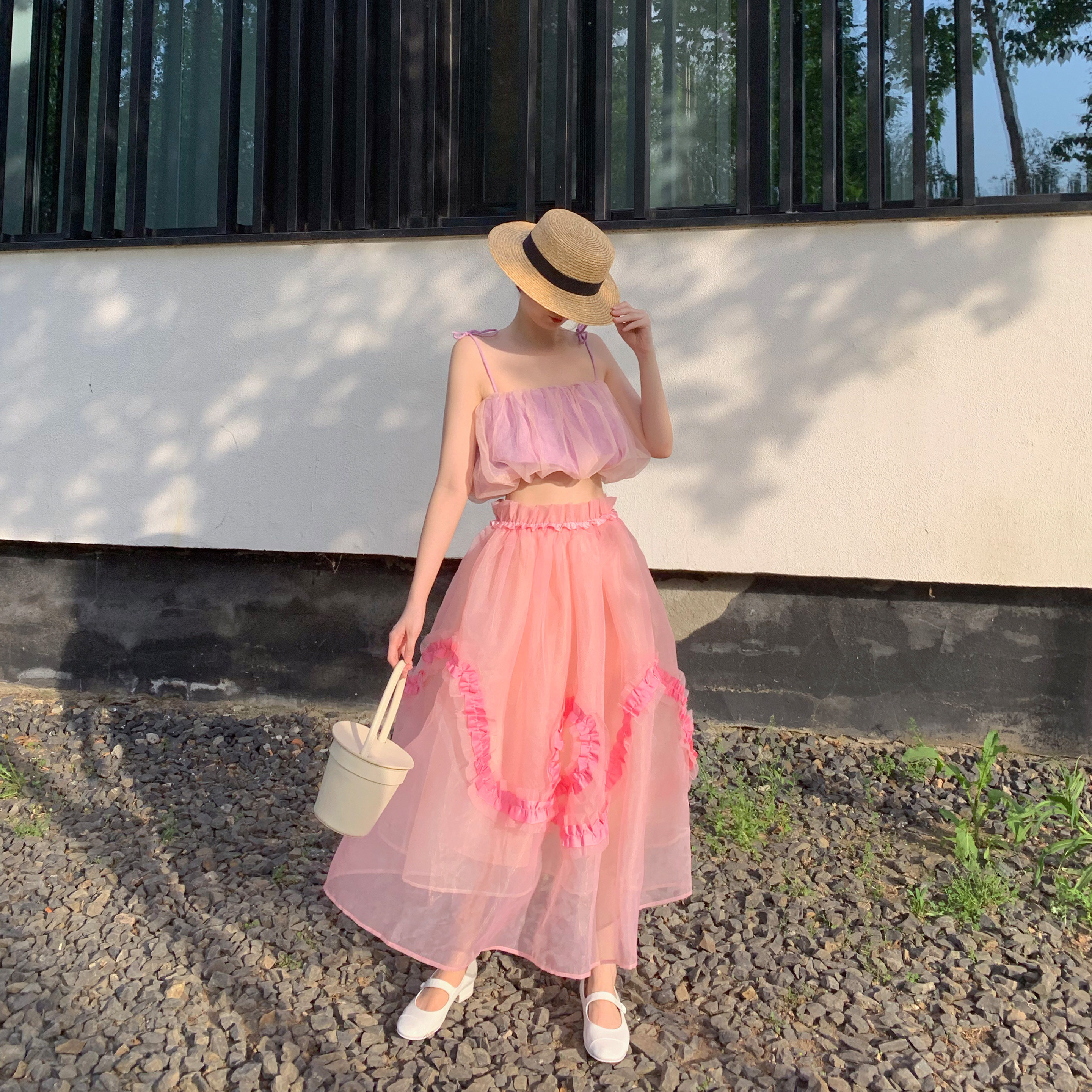 tongse重工小众粉色花朵欧根半身花瓣边仙女裙半身裙